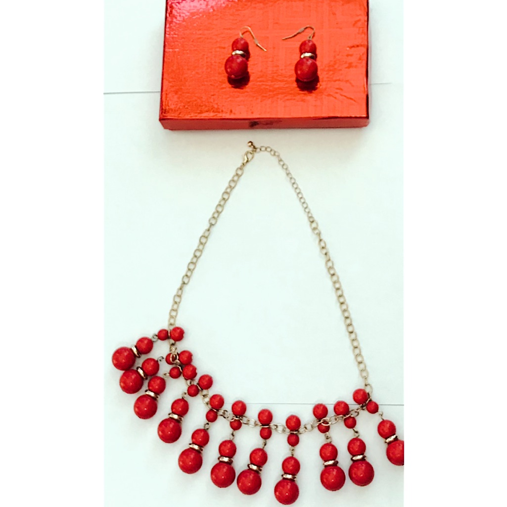 Boutique Brand Really Pretty Red&Gold Dangle Earrings&Statementtier Necklace